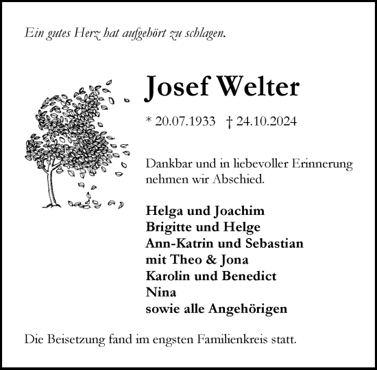 Traueranzeige von Josef Welter von Rüsselsheimer Echo