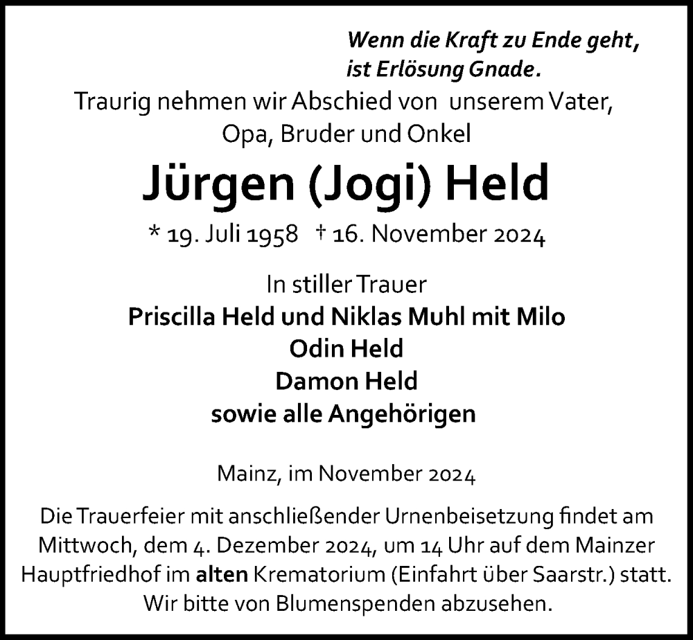  Traueranzeige für Jürgen Held vom 30.11.2024 aus Allgemeine Zeitung Mainz