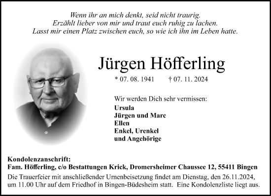 Traueranzeige von Jürgen Höfferling von Allgemeine Zeitung Rheinhessen-Nahe