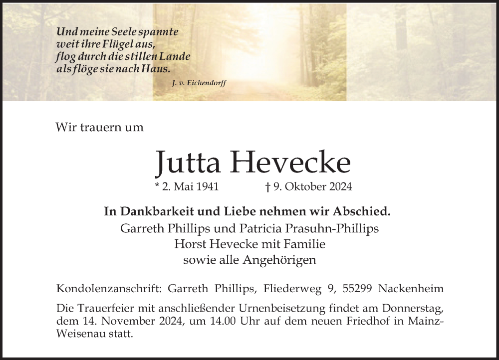  Traueranzeige für Jutta Hevecke vom 02.11.2024 aus Allgemeine Zeitung Mainz