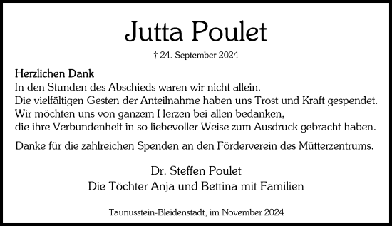 Traueranzeige von Jutta Poulet von Wiesbadener Kurier