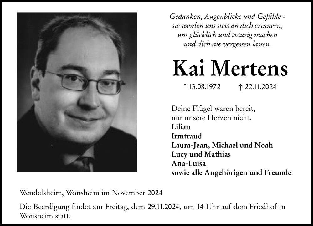  Traueranzeige für Kai Mertens vom 27.11.2024 aus Allgemeine Zeitung Alzey