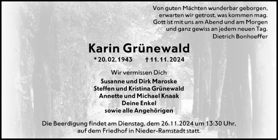 Traueranzeige von Karin Grünewald von Darmstädter Echo