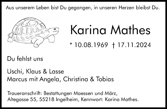 Traueranzeige von Karina Mathes von Allgemeine Zeitung Rheinhessen-Nahe