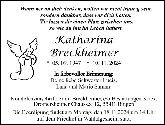 Traueranzeige von Katharina Breckheimer von Allgemeine Zeitung Rheinhessen-Nahe