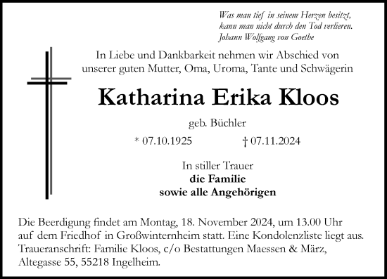 Traueranzeige von Katharina Erika Kloos von Allgemeine Zeitung Rheinhessen-Nahe