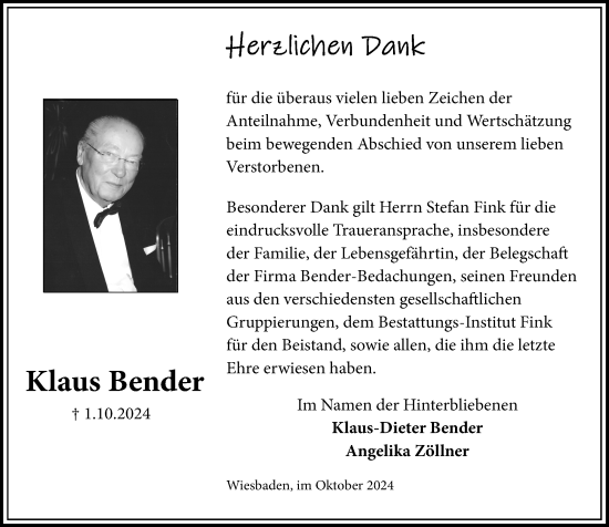 Traueranzeige von Klaus Bender von Wiesbadener Kurier