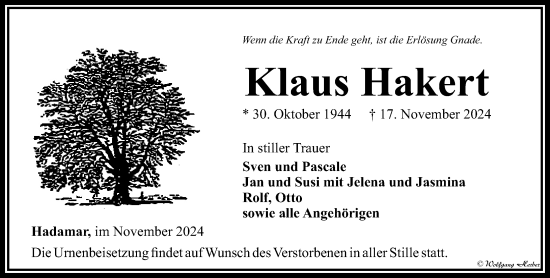 Traueranzeige von Klaus Hakert von Nassauische Neue Presse