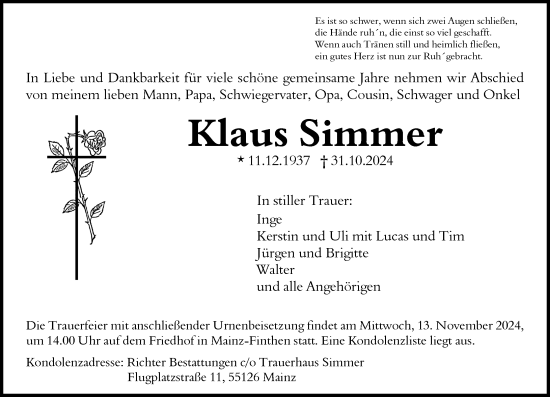 Traueranzeige von Klaus Simmer von Allgemeine Zeitung Mainz