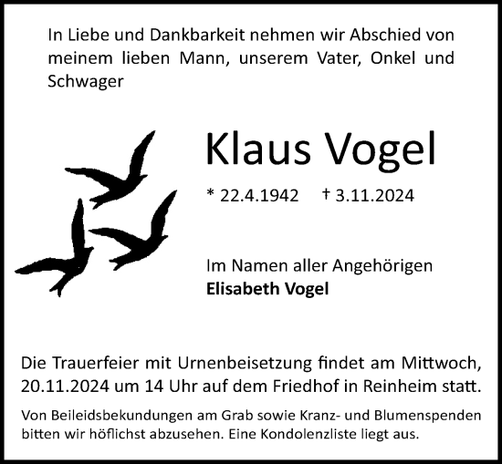 Traueranzeige von Klaus Vogel von Darmstädter Echo