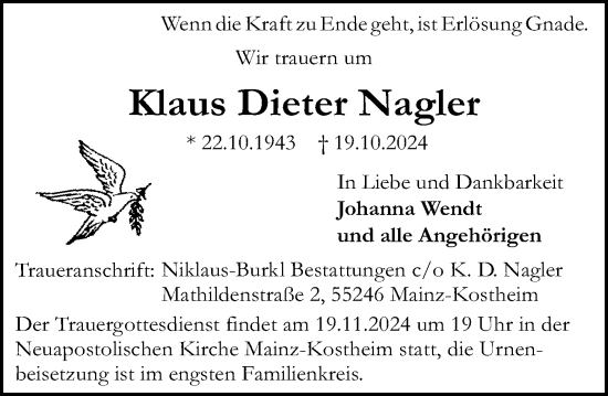 Traueranzeige von Klaus Dieter Nagler von Allgemeine Zeitung Mainz