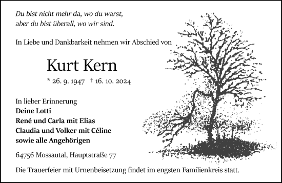 Traueranzeige von Kurt Kern von Odenwälder Echo