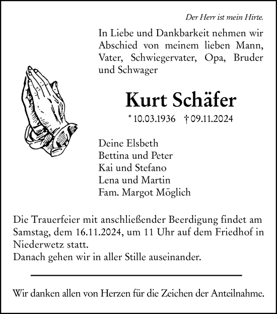 Traueranzeige von Kurt Schäfer von Wetzlarer Neue Zeitung