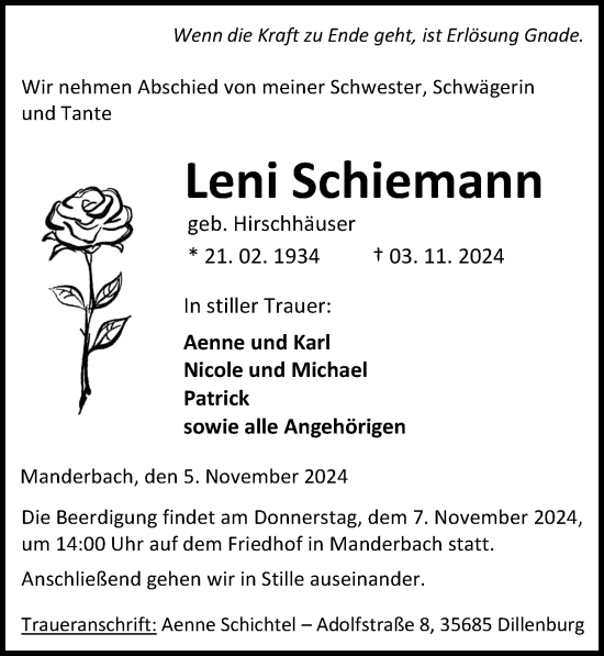 Traueranzeige von Leni Schiemann von Dill Block