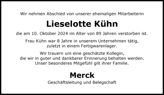 Traueranzeige von Lieselotte Kühn von Darmstädter Echo