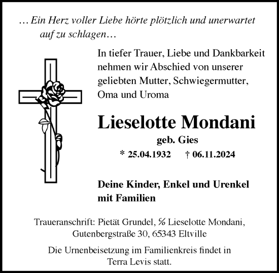 Traueranzeige von Lieselotte Mondani von Rheingau Kurier