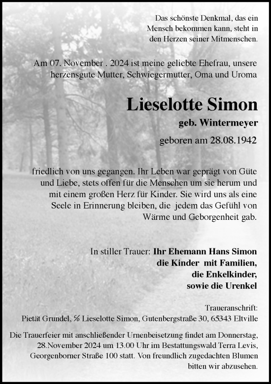 Traueranzeige von Lieselotte Simon von Wiesbadener Kurier