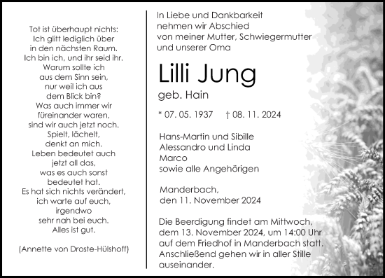 Traueranzeige von Lilli Jung von Dill Block