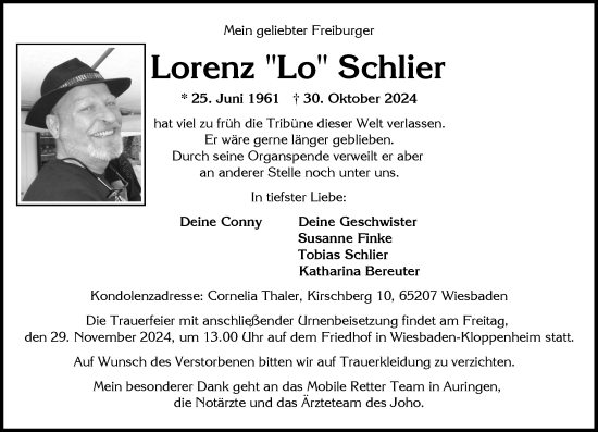 Traueranzeige von Lorenz Schlier von Wiesbadener Kurier