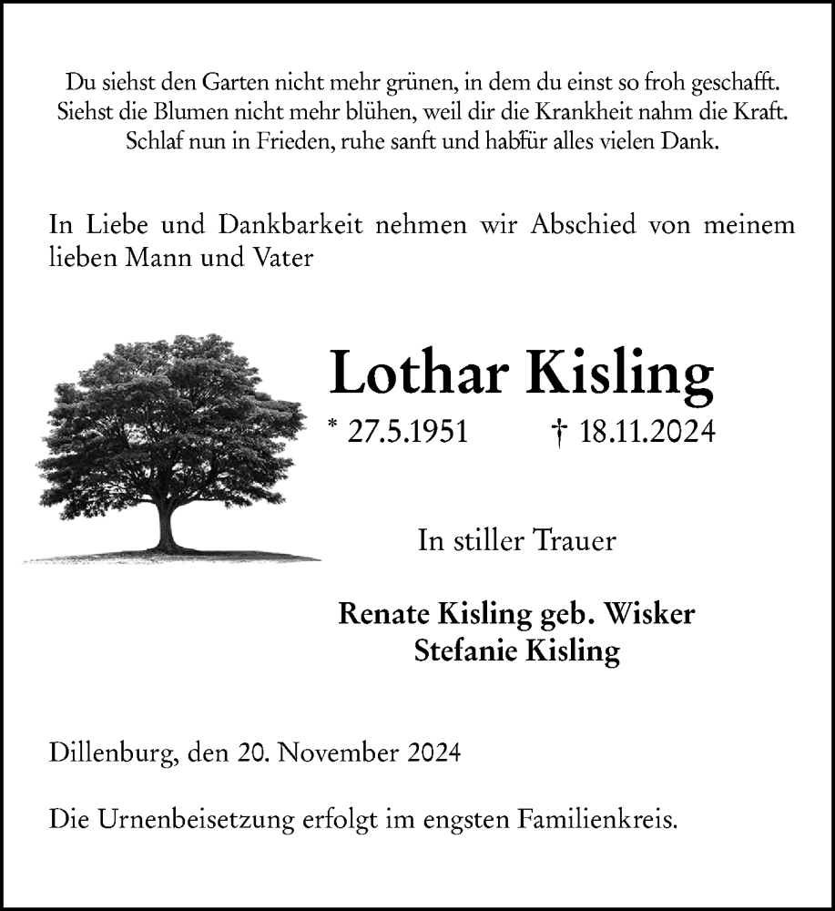  Traueranzeige für Lothar Kisling vom 20.11.2024 aus Dill Block