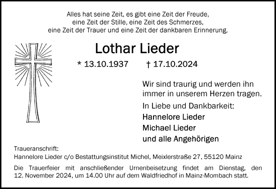 Traueranzeige von Lothar Lieder von Allgemeine Zeitung Mainz