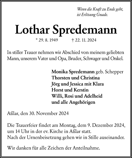 Traueranzeige von Lothar Spredemann von Wetzlarer Neue Zeitung