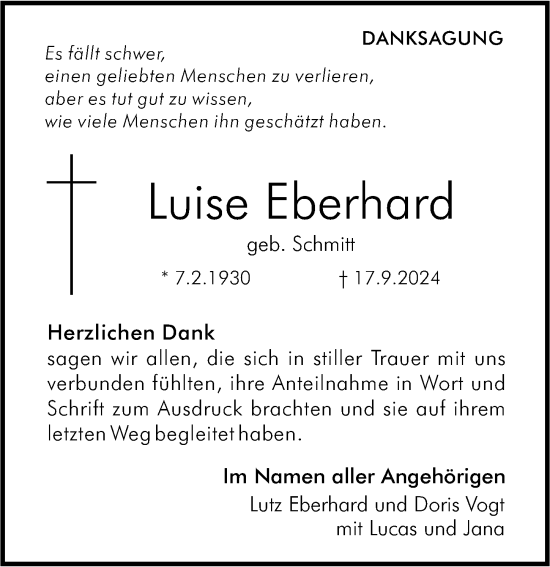 Traueranzeige von Luise Eberhard von Allgemeine Zeitung Mainz