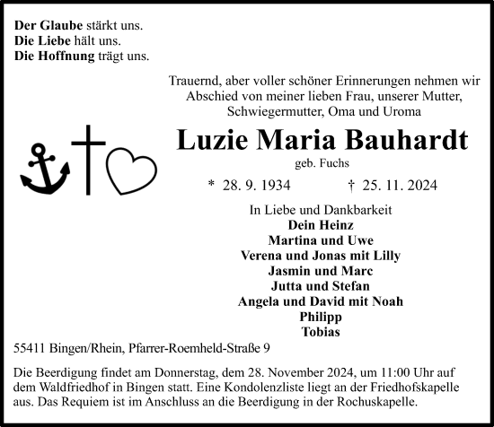 Traueranzeige von Luzie Maria Bauhardt von Allgemeine Zeitung Rheinhessen-Nahe