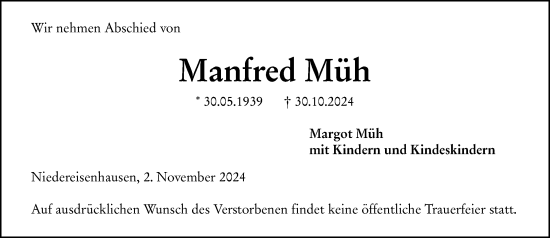 Traueranzeige von Manfred Müh von Hinterländer Anzeiger