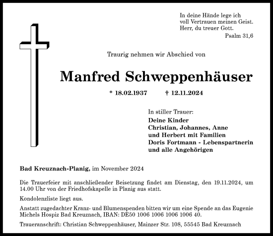 Traueranzeige von Manfred Schweppenhäuser von Allgemeine Zeitung Rheinhessen-Nahe