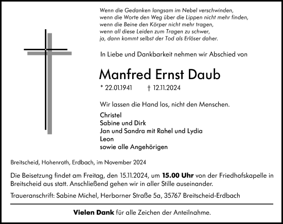 Traueranzeige von Manfred Ernst Daub von Dill Block