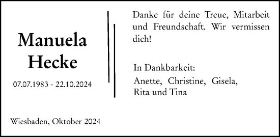 Traueranzeige von Manuela Hecke von Wiesbadener Kurier