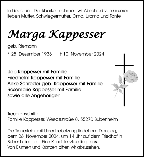 Traueranzeige von Marga Kappesser von Allgemeine Zeitung Rheinhessen-Nahe