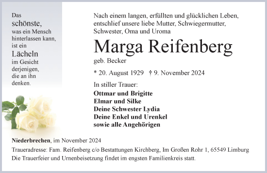 Traueranzeige von Marga Reifenberg von Camberger Anzeiger