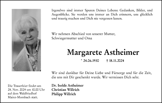 Traueranzeige von Margarete Astheimer von Allgemeine Zeitung Mainz