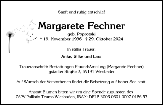 Traueranzeige von Margarete Fechner von Wiesbadener Kurier