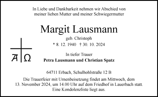 Traueranzeige von Margit Lausmann von Odenwälder Echo