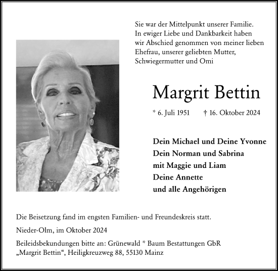 Traueranzeige von Margrit Bettin von Allgemeine Zeitung Mainz