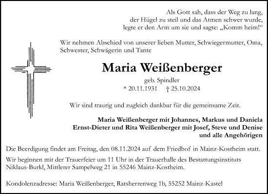 Traueranzeige von Maria Weißenberger von Allgemeine Zeitung Mainz