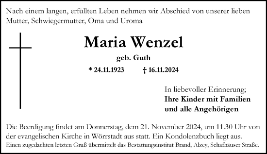 Traueranzeige von Maria Wenzel von Allgemeine Zeitung Alzey