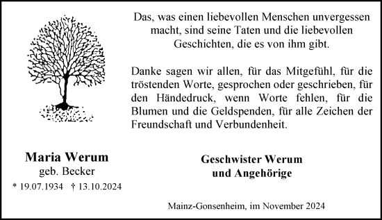 Traueranzeige von Maria Werum von Allgemeine Zeitung Mainz