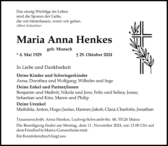 Traueranzeige von Maria Anna Henkes von Allgemeine Zeitung Mainz