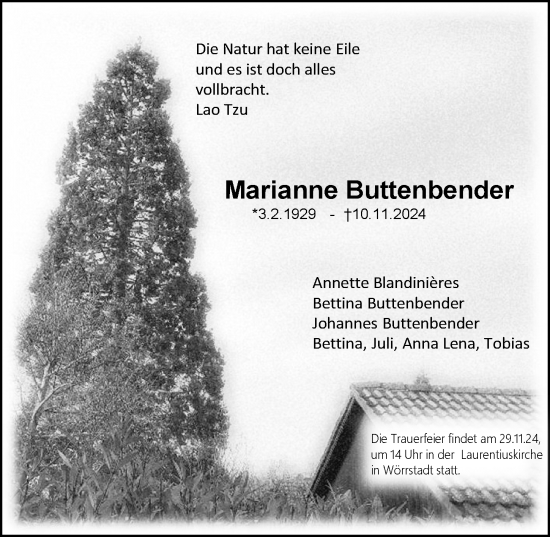 Traueranzeige von Marianne Buttenbender von Allgemeine Zeitung Mainz