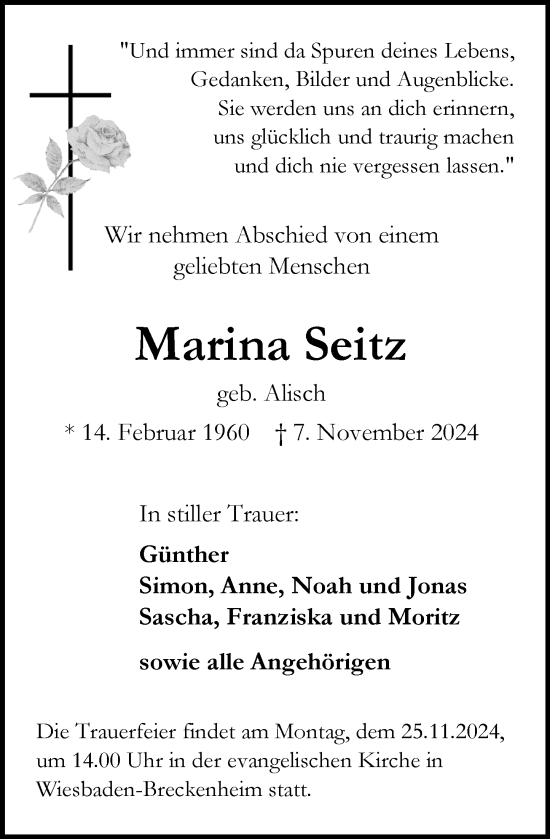 Traueranzeige von Marina Seitz von Wiesbadener Kurier