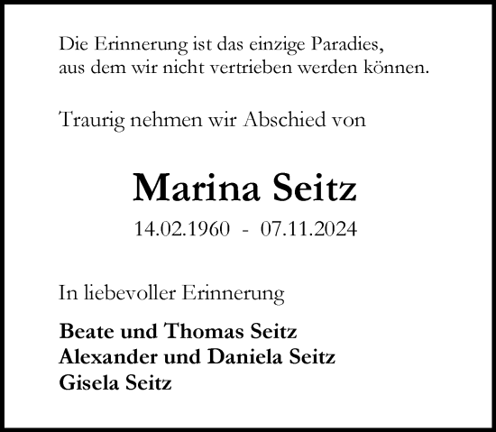 Traueranzeige von Marina Seitz von Wiesbadener Kurier