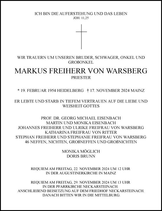 Traueranzeige von Markus Freiherr von Warsberg von Allgemeine Zeitung Mainz