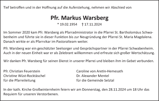 Traueranzeige von Markus Warsberg von Allgemeine Zeitung Rheinhessen-Nahe