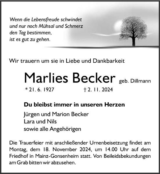 Traueranzeige von Marlies Becker von Allgemeine Zeitung Mainz