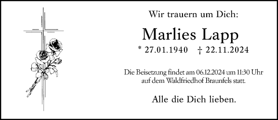 Traueranzeige von Marlies Lapp von Wetzlarer Neue Zeitung