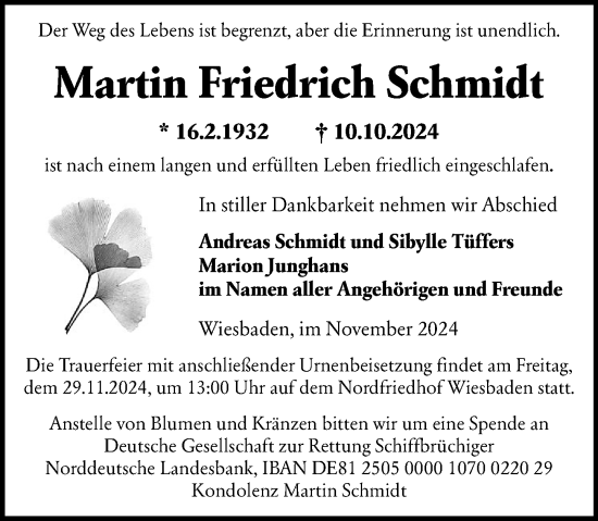 Traueranzeige von Martin Friedrich Schmidt von Wiesbadener Kurier